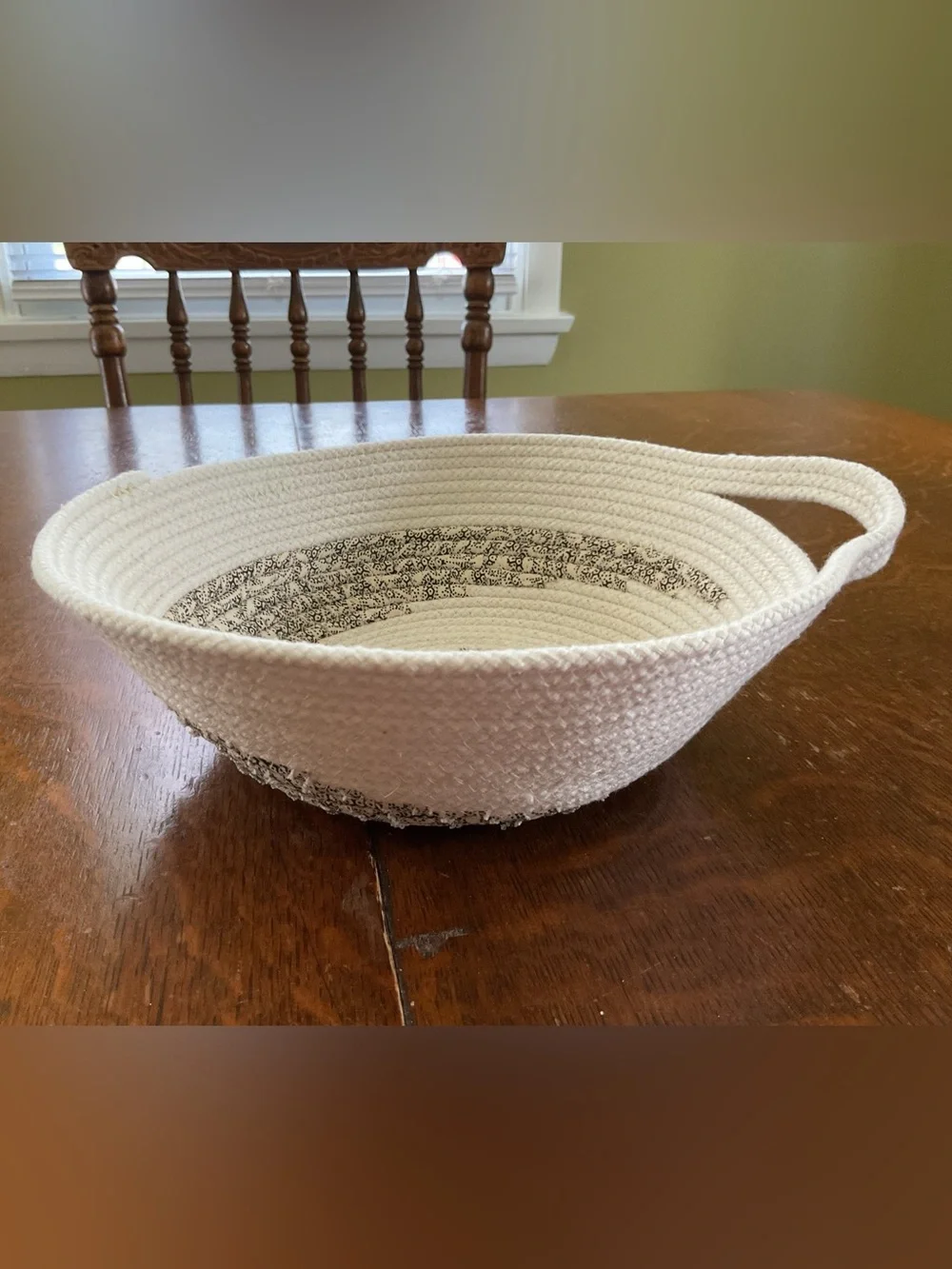 Handmade Coiled Cotton Rope & Fabric Wrapped Decorative Basket with Handles